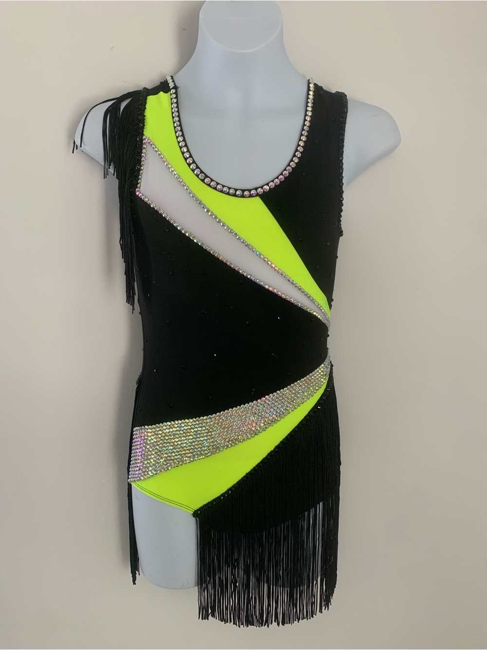 Child's Fringe Dance Costume: Black, Yellow, Rhinestone Acro Jazz MT Outfit